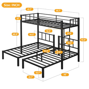 Metal Triple Bunk Bed with Guardrails & Ladder — Twin, Twin XL & Queen Options