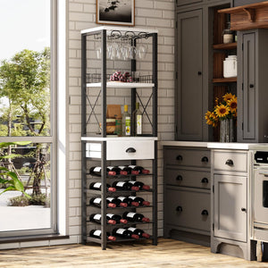 4-Tier Freestanding Wine Rack with Bar Cabinet & Glass Holder