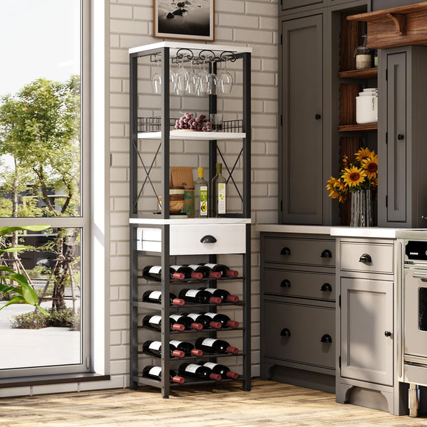 4-Tier Freestanding Wine Rack with Bar Cabinet & Glass Holder