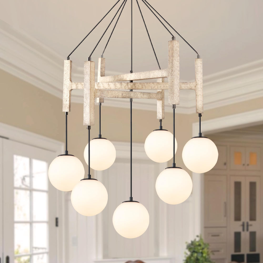 Wood & Glass Farmhouse Chandelier – 7-Light Dining Room Pendant