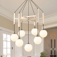 Wood & Glass Farmhouse Chandelier – 7-Light Dining Room Pendant