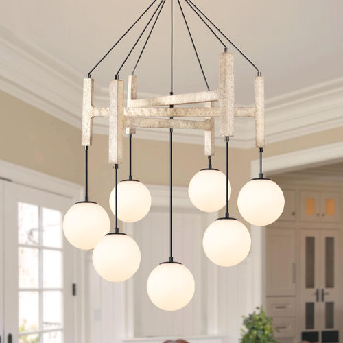 Wood & Glass Farmhouse Chandelier – 7-Light Dining Room Pendant