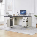 L-Shaped Farmhouse Executive Desk with Charging Station, Lockable Drawers & File Cabinet
