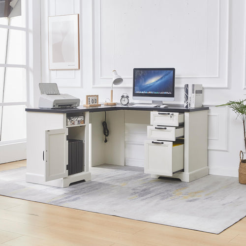 L-Shaped Farmhouse Executive Desk with Charging Station, Lockable Drawers & File Cabinet