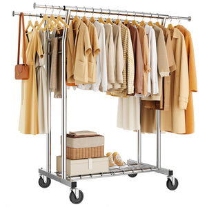 Heavy Duty Rolling Clothes Rack with Shelves, 700 lb Capacity, Dual Rod