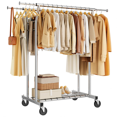 Heavy Duty Rolling Clothes Rack with Shelves, 700 lb Capacity, Dual Rod