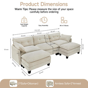 U-Shaped Modular Sectional Sofa with 2 Ottomans – 111.5" Corduroy Cloud Couch