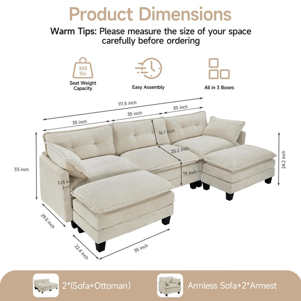 U-Shaped Modular Sectional Sofa with 2 Ottomans – 111.5" Corduroy Cloud Couch