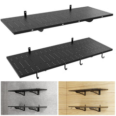 Heavy Duty Wall Mounted Garage Shelves with Hooks – 2-Pack