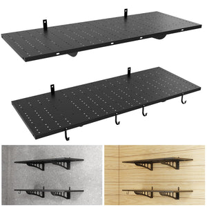 Heavy Duty Wall Mounted Garage Shelves with Hooks – 2-Pack
