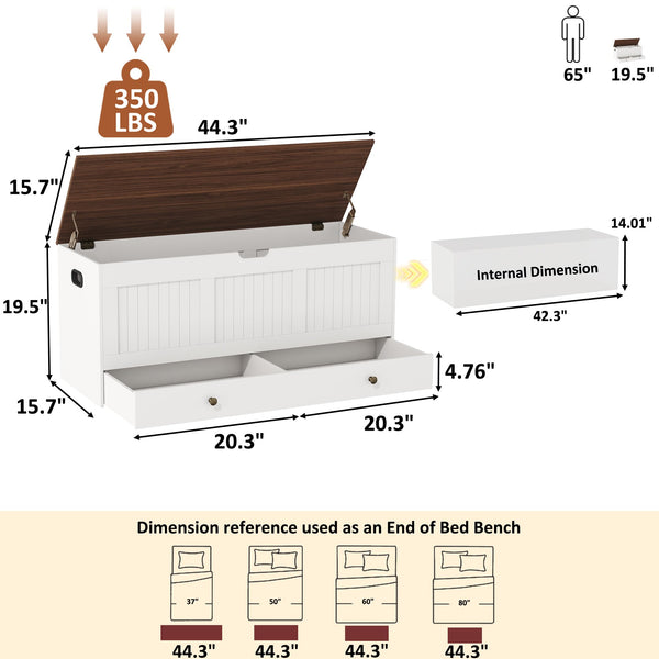 Lift-Top Storage Bench with 2 Drawers – White & Brown