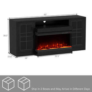 63" Fireplace TV Stand with 3-Sided Electric Fireplace & Glass Door Storage