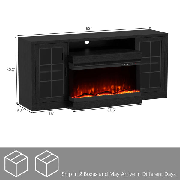 63" Fireplace TV Stand with 3-Sided Electric Fireplace & Glass Door Storage
