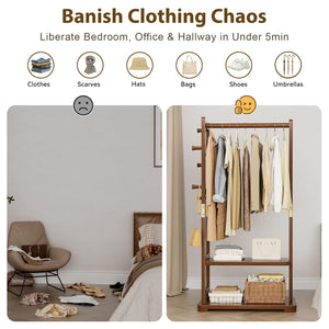 Solid Wood Coat Rack with 2 Shelves & 4 Hooks