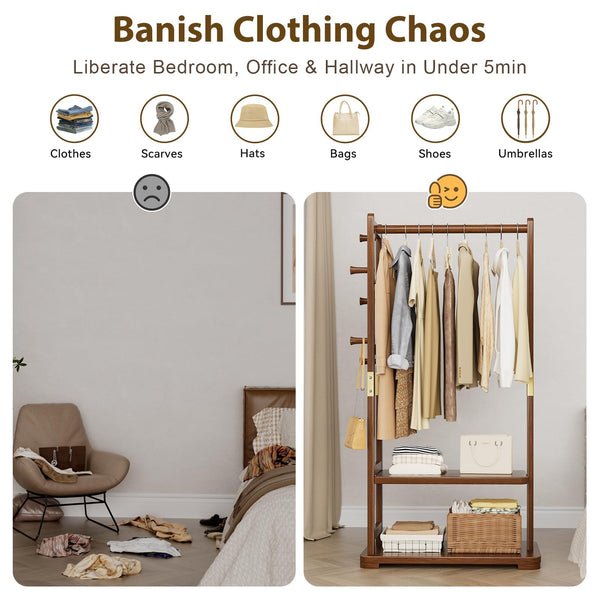 Solid Wood Coat Rack with 2 Shelves & 4 Hooks