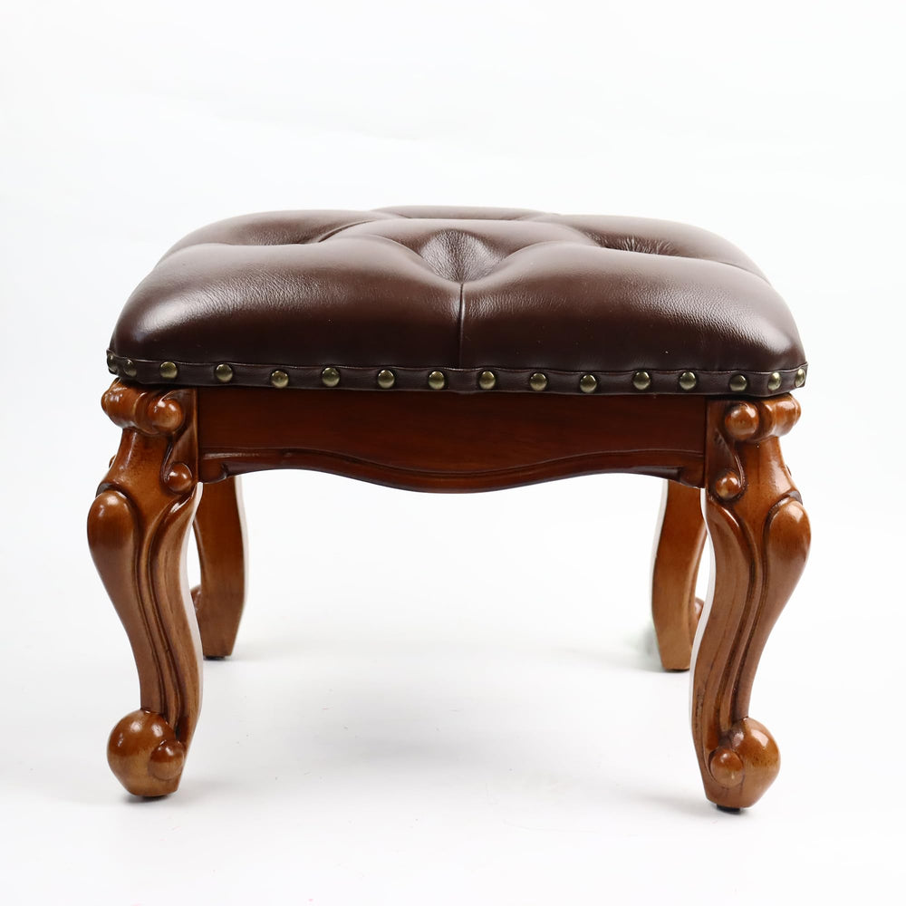 Solid Wood Leather Footstool Ottoman