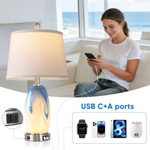 Coastal Glass Table Lamp Set of 2 – 7 Lighting Modes, USB Charging, LED Bulbs Included