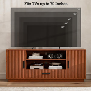 LCRBOL TV Stand for Living Room ＆ Bedroom, Mid Century Entertainment Center for Up to 70 Inch TV, Fluted TV Console with Storage Cabinets ＆ Drawer, Walnut
