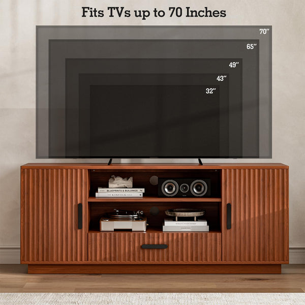 LCRBOL TV Stand for Living Room ＆ Bedroom, Mid Century Entertainment Center for Up to 70 Inch TV, Fluted TV Console with Storage Cabinets ＆ Drawer, Walnut