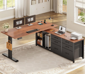 L-Shaped Electric Standing Desk 55" x 55" with 6 Drawers, Storage & Power Outlet