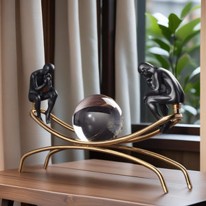 Thinker Thinking Man Statue with Crystal Ball Sculpture