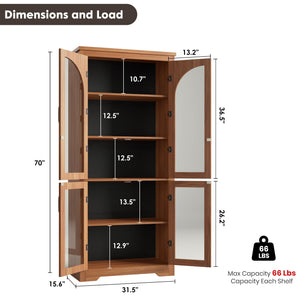 70" Tall Kitchen Pantry Cabinet with 4 Arched Glass Doors & Adjustable Shelves