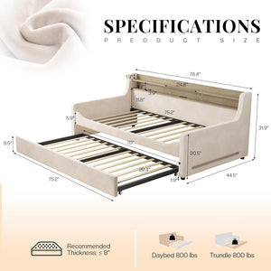Twin Daybed with Trundle, Upholstered Velvet Bed Frame, LED Night Light, Storage Headboard, USB Charging