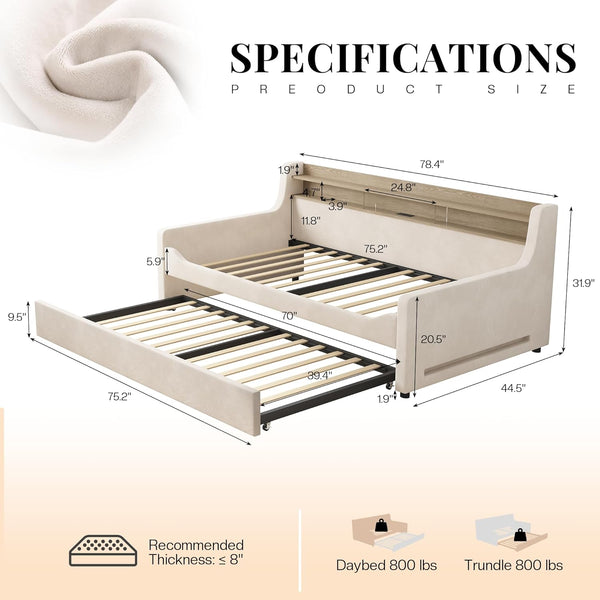 Twin Daybed with Trundle, Upholstered Velvet Bed Frame, LED Night Light, Storage Headboard, USB Charging