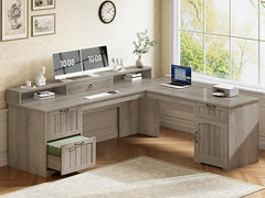 L-Shaped Desk with Drawers, File Cabinet & Monitor Stand – 63"