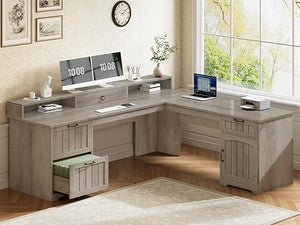 L-Shaped Desk with Drawers, File Cabinet & Monitor Stand – 63"