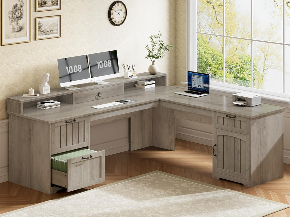 63" L-Shaped Desk with Drawers, Monitor Stand & Storage Cabinet