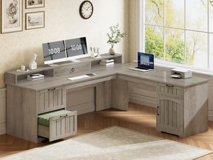 63" L-Shaped Desk with Drawers, Monitor Stand & Storage Cabinet