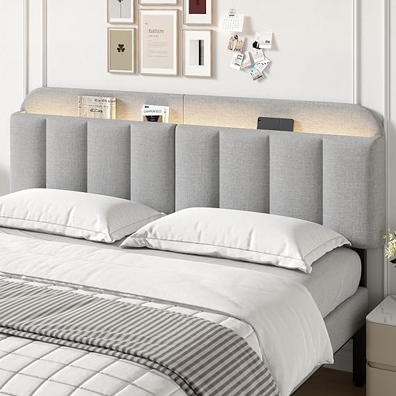 Upholstered Headboard with LED Lighting & Storage