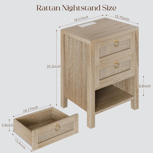 Rattan Nightstand with Charging Station and Storage Drawers