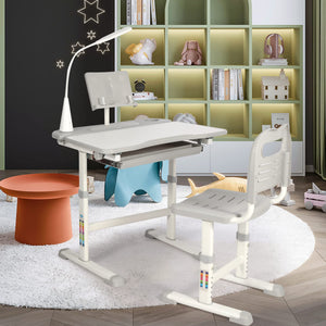 Kids Height-Adjustable Desk and Chair Set with LED Light, Drawer & Bookstand
