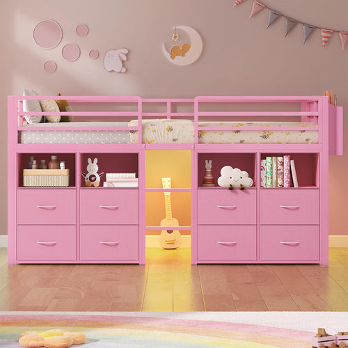Low Loft Bed Twin with 8 Storage Drawers, Bookcase & LED Lights