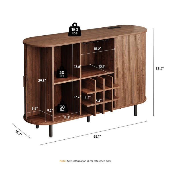 55" Wine Bar Cabinet with LED Light, Wine Rack & Glass Holder