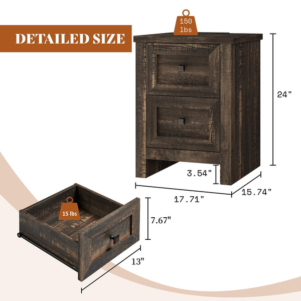 Nightstand Set of 2 with Charging Station & Drawers