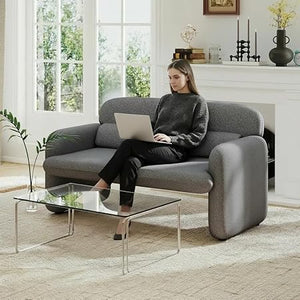 Small Loveseat with Rattan Armrests & Sherpa Fabric