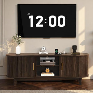 Mid Century Modern TV Stand with Sliding Doors and Power Outlet