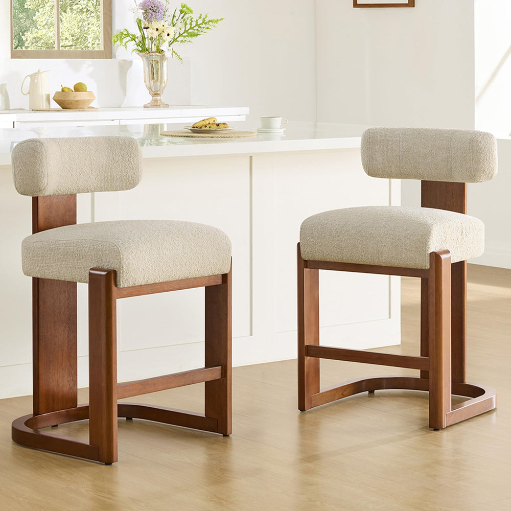 Modern Boucle Counter Height Bar Stools Set of 2 with Wood Legs