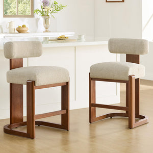 Modern Boucle Counter Height Bar Stools Set of 2 with Wood Legs