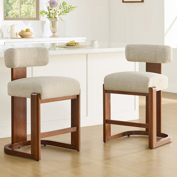 Modern Boucle Counter Height Bar Stools Set of 2 with Wood Legs