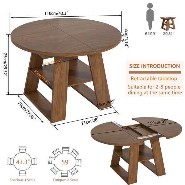 Extendable Round Dining Table with Storage Shelf
