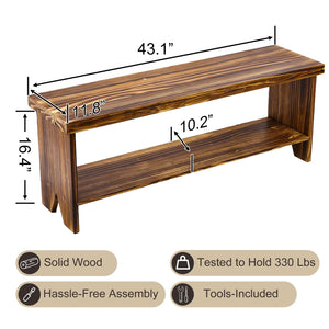 43" Solid Wood Farmhouse Entryway Bench with Storage Shelf
