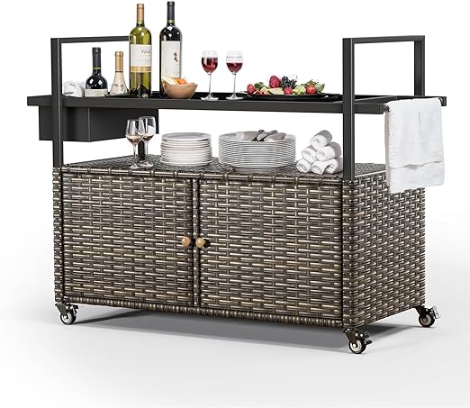 Outdoor Wicker Bar Cart with Storage Cabinet & Tempered Glass Top