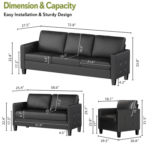 Black Faux Leather Sofa Set 3-Piece with USB Charging