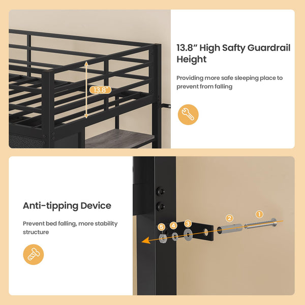 Twin Low Loft Bed with 9 Storage Drawers, LED Lights & Safety Guardrail