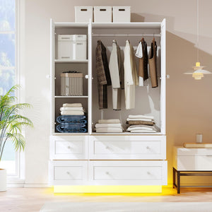 LED Wardrobe Closet with Mirror, 4 Drawers & Hanging Rod