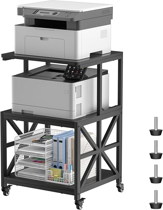 Printer Stand with Lockable Wheels & 3-Tier Storage Shelf